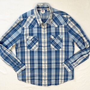 Levis Western Men Shirt Size XL Pearl Snap Long Sleeve Plaid Blue Pockets Rodeo